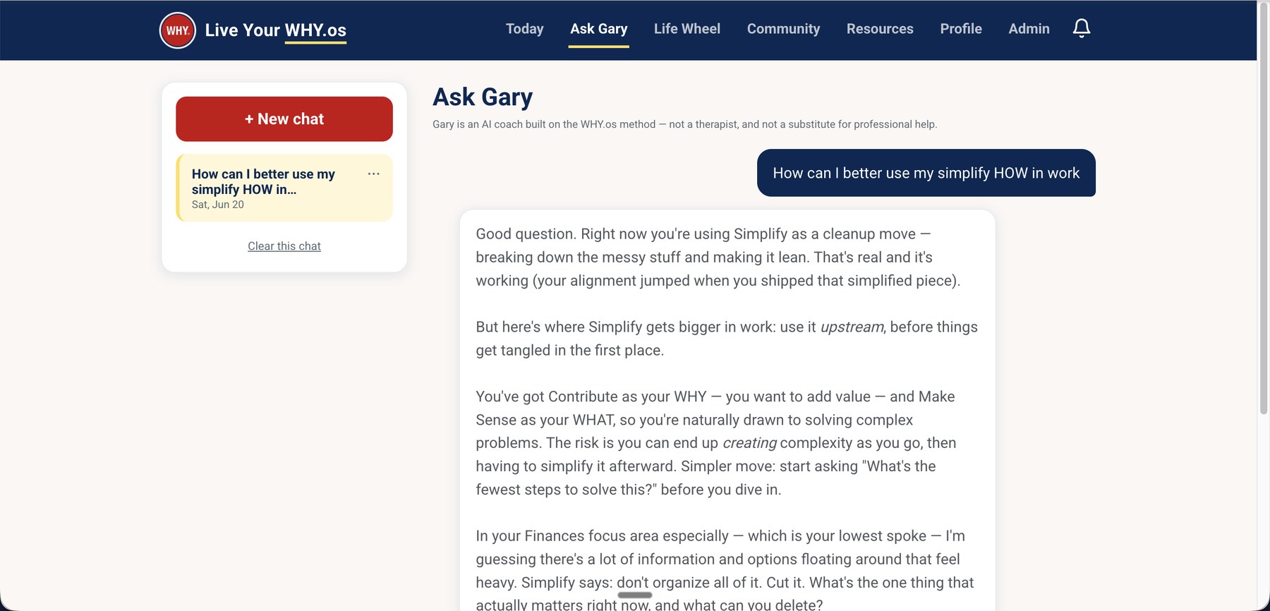 Ask Gary chat — an AI coach answering a question by reasoning from the member's WHY and HOW archetypes
