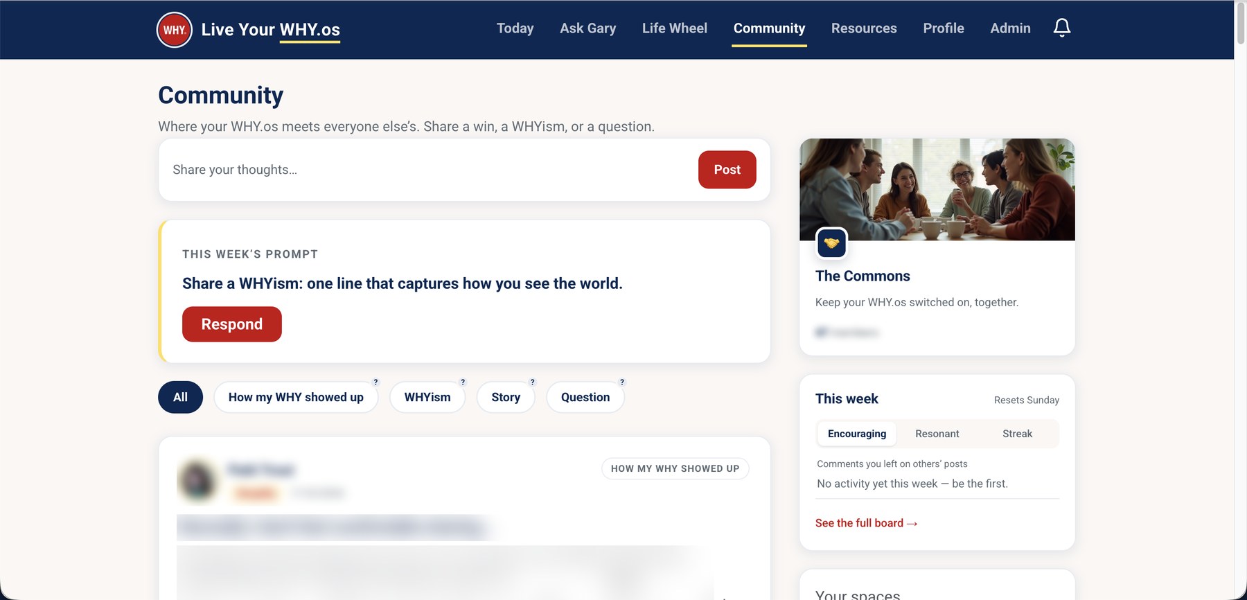 The Community feed — a weekly prompt, post categories, and member posts. Member identity and post content blurred for privacy.