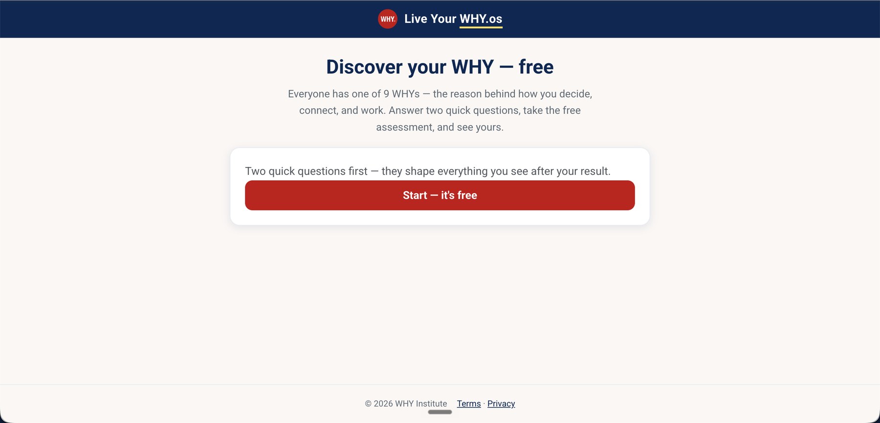 The public discover funnel entry page offering a free WHY assessment