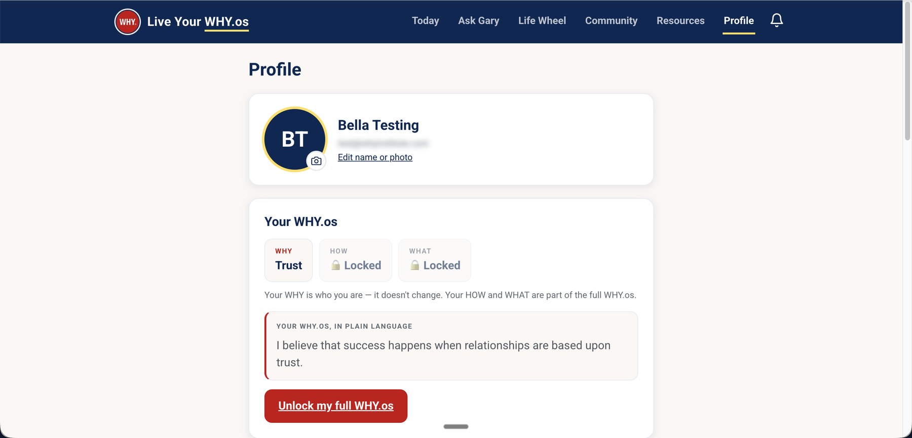 Free tier profile showing the WHY visible and the HOW and WHAT locked behind the paid WHY.os