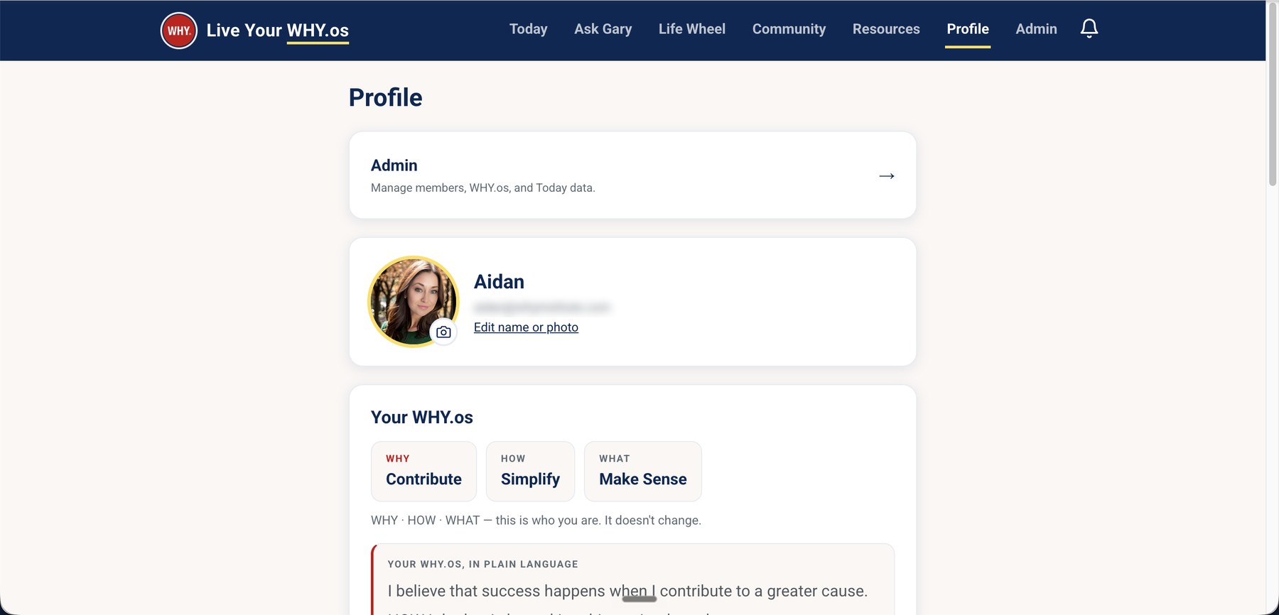 The Profile screen showing a member's WHY, HOW and WHAT archetypes plus their WHY.os written in plain language