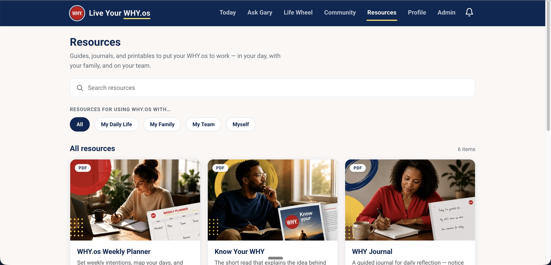 The Resources library — guides, journals and printables organized by how the member wants to use their WHY.os