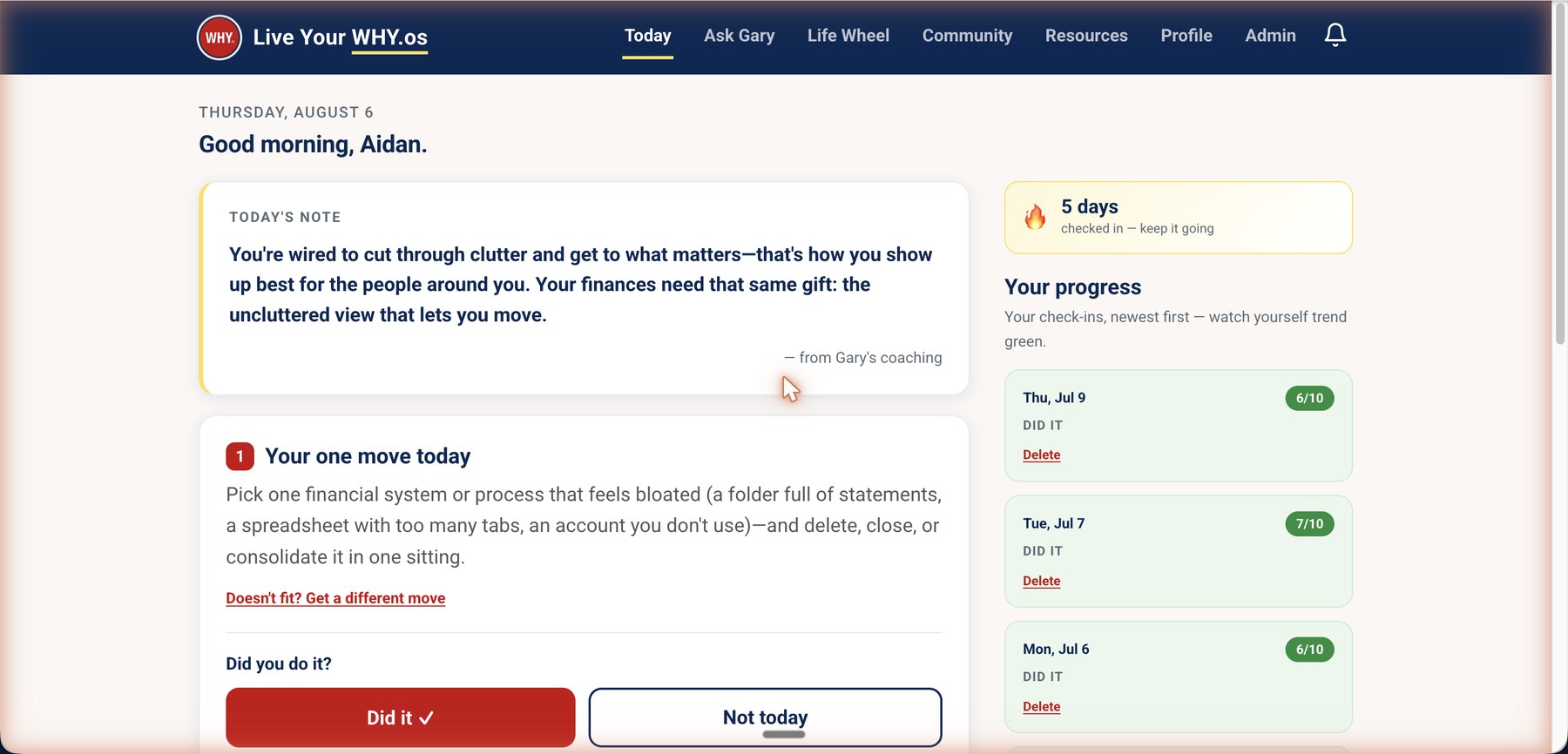 Live Your WHY.os — the Today screen of the daily AI coaching app