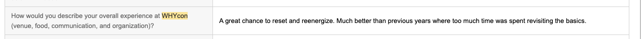 Post-event survey: A great chance to reset and reenergize. Much better than previous years.